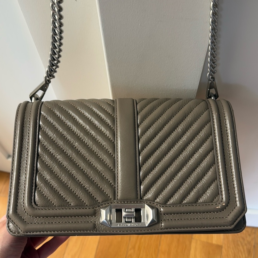 Rebecca Minkoff NWT Love Gray leather Chevron Quilted Crossbody Bag Purse